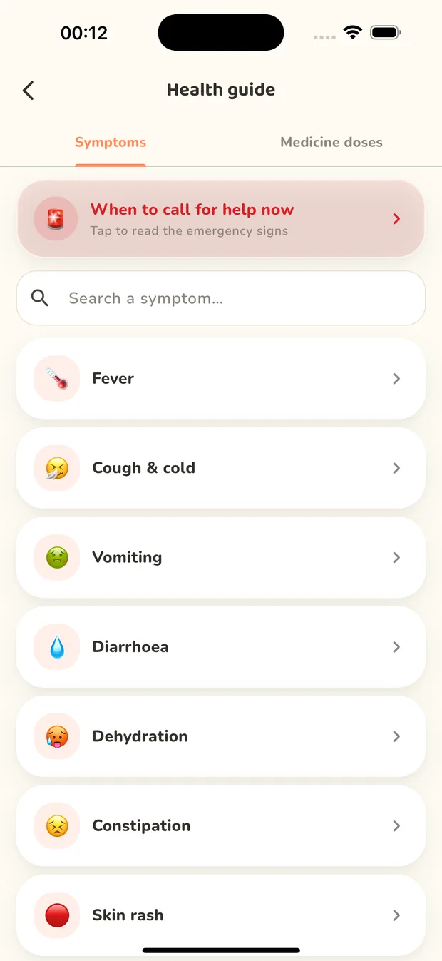 Joju's health guide: a searchable list of symptoms like fever, cough and vomiting, with a prominent 'when to call for help now' card at the top.