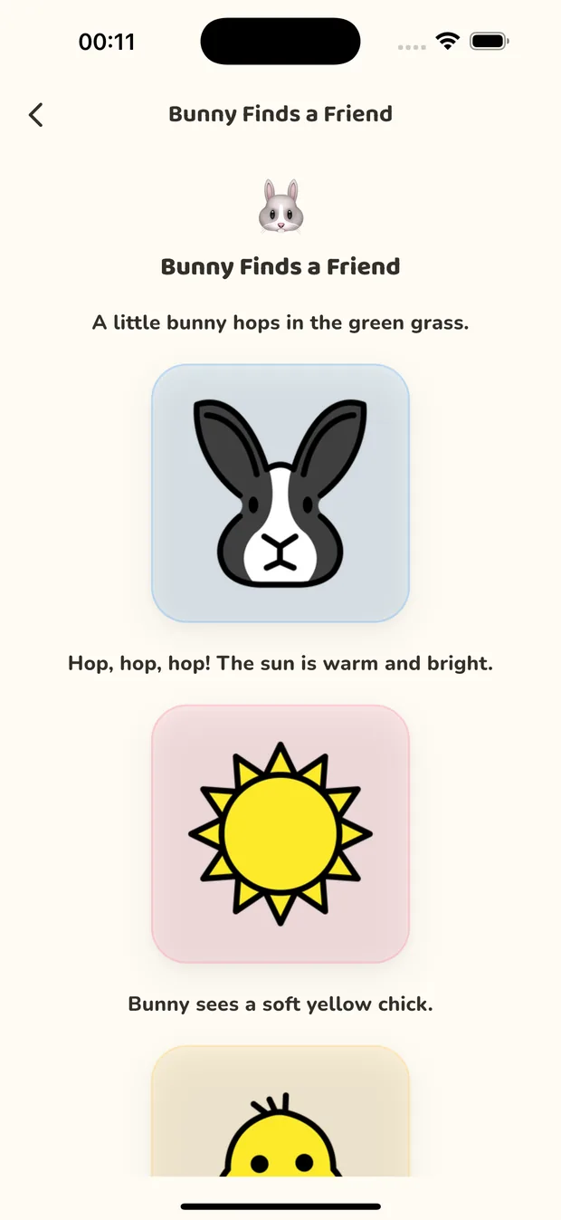 A Joju story, 'Bunny Finds a Friend', with short lines of text and a cute illustration shown between each line for show-and-tell reading.